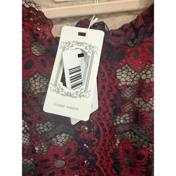 Xingchenkaiyi Red Navy Floral Lace A Line Midi Dress Long Sleeve US 6 L - Picture 2 of 7